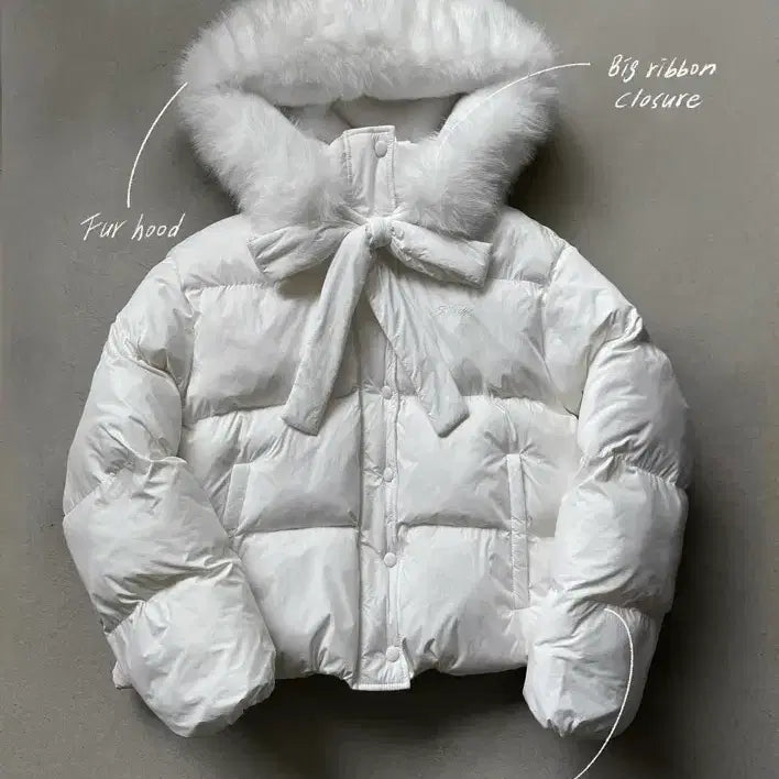 [BUNJANG] Kleesier Ribbon Fur Hooded Padding Ivory / (새상품)kleesier 리본 퍼 후드 패딩 아이보리