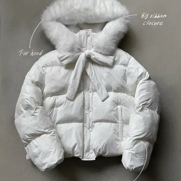 [BUNJANG] Kleesier Ribbon Fur Hooded Padding Ivory / (새상품)kleesier 리본 퍼 후드 패딩 아이보리