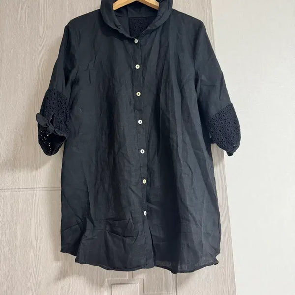 [BUNJANG] 100% Linen Black Lace Detail Shirt / 100% 린넨 블랙 레이스 포인트 셔츠 새상품