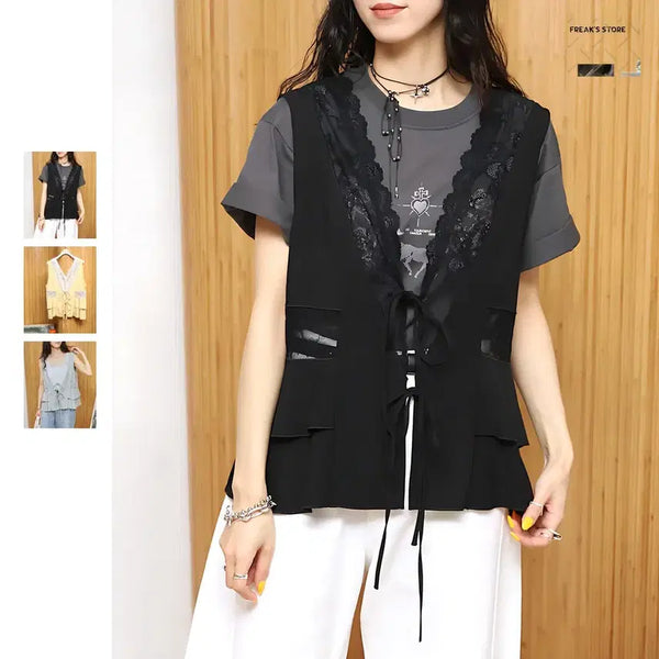 [BUNJANG] FREAK'S STORE Firsthand Lace Panel Vintage Satin Ribbon Vest / 프릭스 스토어 퍼스트핸드 레이스 절개 빈티지 새틴 리본 베스트