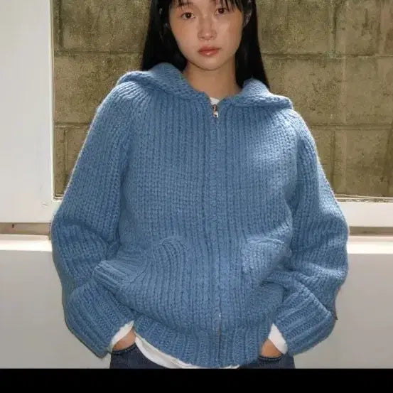[BUNJANG] Ronron Handmade Knit Zip-Up Thick Winter Sweater Outerwear / 론론 핸드메이드 뜨개 니트 집업 두꺼운 겨울 스웨터 블루 아우터 SHAWL HANDMADE KNIT ZIP UP