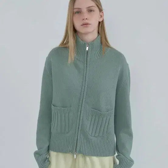 [BUNJANG] ENBLUES Cotton High Neck Knit Zip-Up Mint Sweater Jacket / 엔조블루스 코튼 하이넥 니트 집업 민트 스웨터 자켓