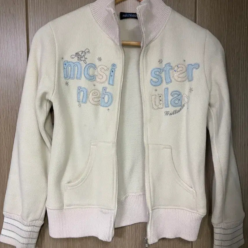 [BUNJANG] Ivory Zip-Up Jacket with Cute Character and Lettering / 귀여운 집업 자켓 아이보리