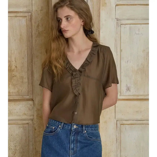 [BUNJANG] Eve Sage Shirring Blouse (Brown) / 이브세이지 셔링 블라우스(브라운)