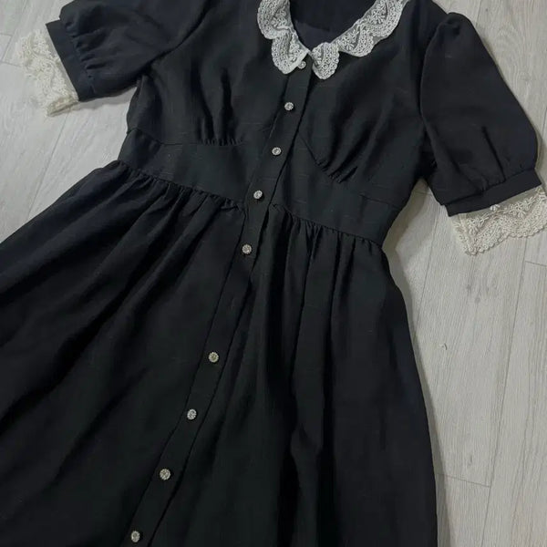 [BUNJANG] ROSIZE Black Lace Collar Short Sleeve Dress / (지뢰계/공주풍)블랙 레이스 카라 반팔 원피스