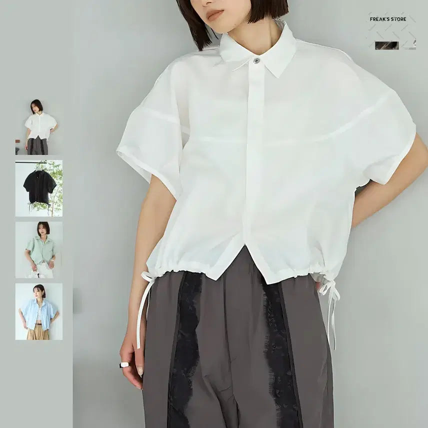[BUNJANG] Frix Store Firsthand Paneled Half-Sleeve Hem-Cord Blouse / 프릭스 스토어 퍼스트핸드 절개 반팔 헴코드 블라우스