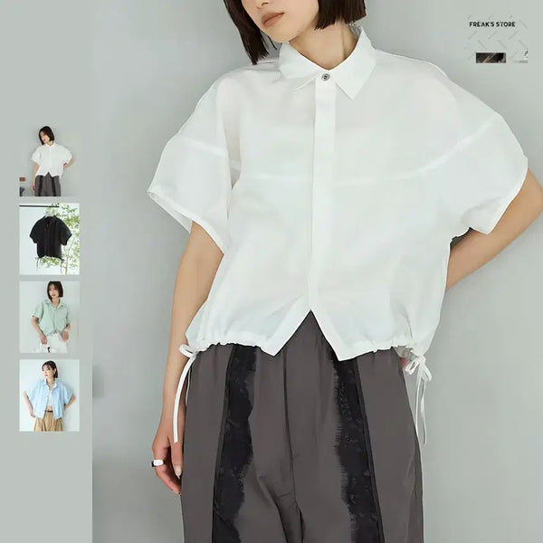 [BUNJANG] Frix Store Firsthand Paneled Half-Sleeve Hem-Cord Blouse / 프릭스 스토어 퍼스트핸드 절개 반팔 헴코드 블라우스