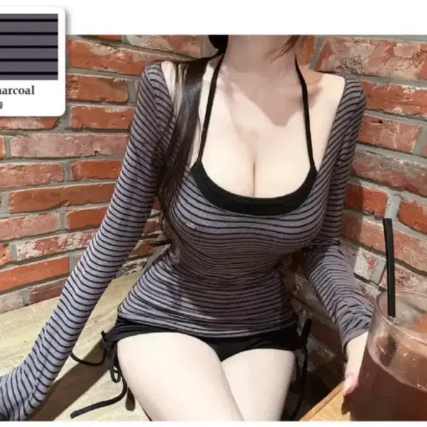[BUNJANG] Sunneu Striped Long Sleeve T-Shirt Charcoal / 순느 단가라 스트라이프티 차콜