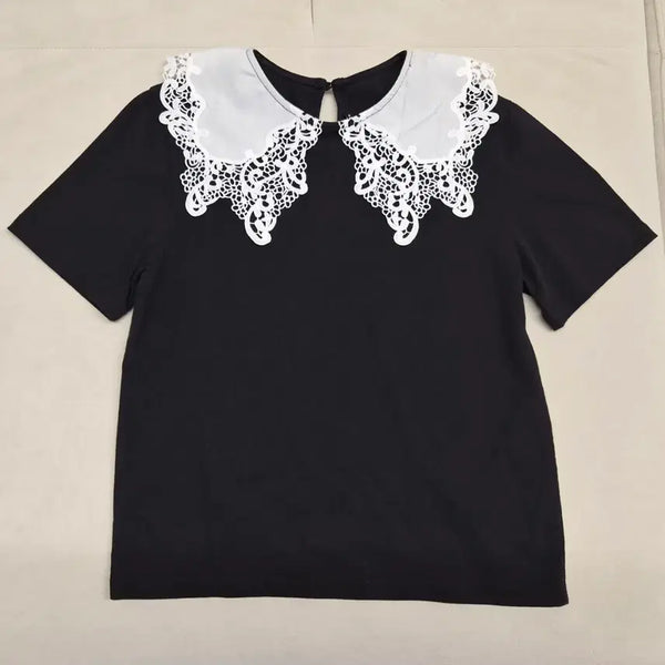 [BUNJANG] Sinoon Black Lace Collar Short Sleeve T-Shirt / 블랙 레이스 칼라 반팔 티셔츠 sinoon