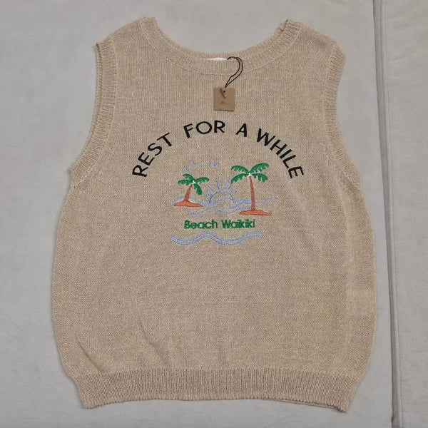 [BUNJANG] Thursday Island Stillwater Beige Palm Tree Embroidered Sleeveless Vest Knit / 베이지 팜 트리 자수 민소매 조끼 니트 ThursdayIsland stillwater