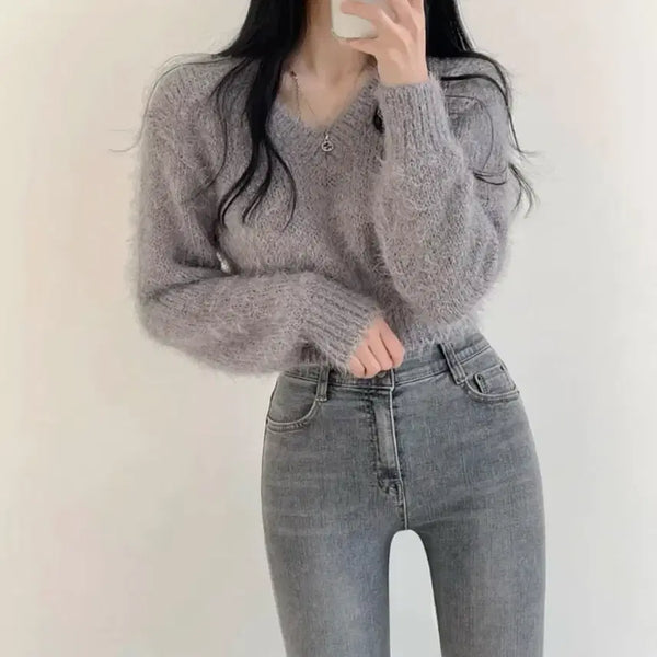 [BUNJANG] Yeori Mood Angora V-Neck Knit Gray / 여리무드 앙고라 브이넥 니트 그레이