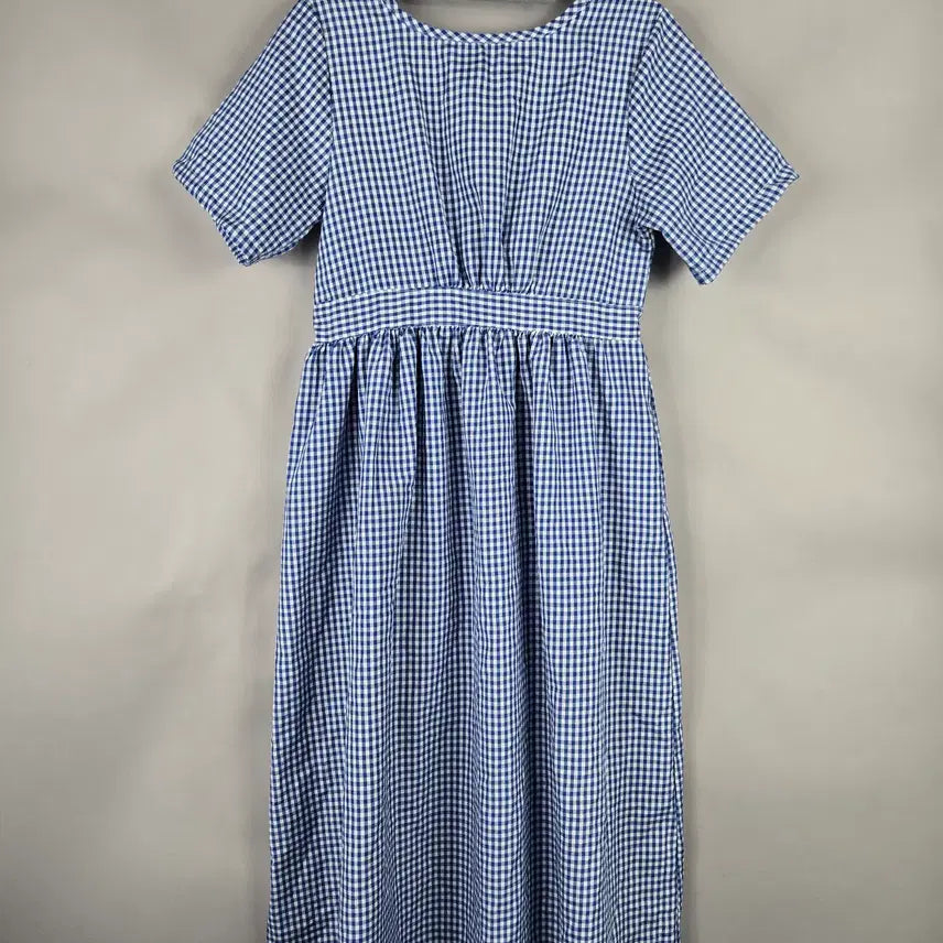 [BUNJANG] Women's Gingham Check Back Ribbon Loose Fit Short Sleeve Long Dress Blue / [무료배송]여성 F 깅엄체크 뒷 리본 루즈핏 반팔 롱 원피스 블루