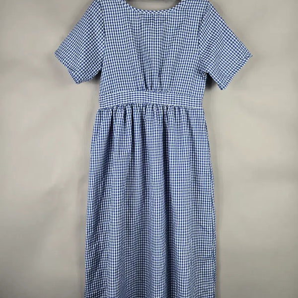 [BUNJANG] Women's Gingham Check Back Ribbon Loose Fit Short Sleeve Long Dress Blue / [무료배송]여성 F 깅엄체크 뒷 리본 루즈핏 반팔 롱 원피스 블루