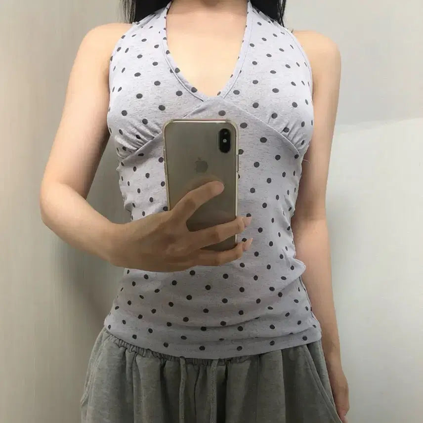 [BUNJANG] Polka Dot Halter Neck Sleeveless Top / 도트 땡땡이 홀터넥 나시 슬리브리스