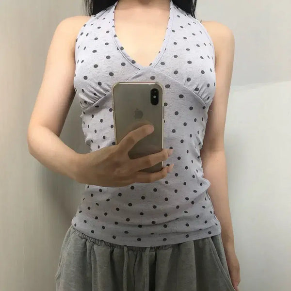 [BUNJANG] Polka Dot Halter Neck Sleeveless Top / 도트 땡땡이 홀터넥 나시 슬리브리스