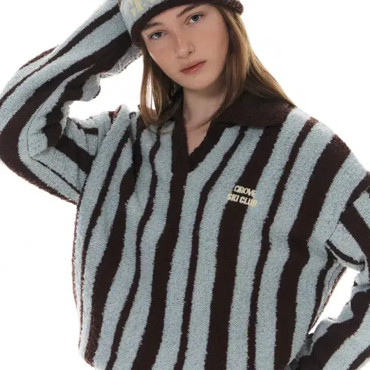 [BUNJANG] Grove MOLLING Stripe Collar Knit (Brown) / [새 상품]그로브(GROVE) MOLLING STRIPE COLLAR KNIT(Brown)