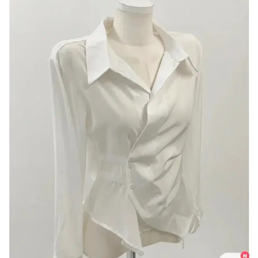 [BUNJANG] Ablry Shirring Stripe Collar Shirt White / 에이블리 셔링 스트라이프 카라 셔츠 화이트