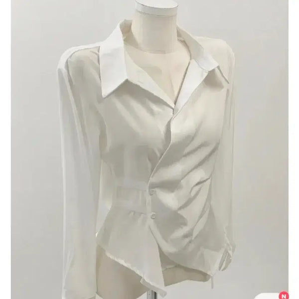 [BUNJANG] Ablry Shirring Stripe Collar Shirt White / 에이블리 셔링 스트라이프 카라 셔츠 화이트