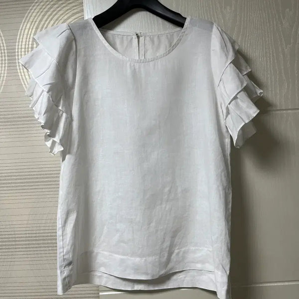 [BUNJANG] Linen Short Sleeve Blouse with Frills / 프릴 반팔 린넨 100 블라우스