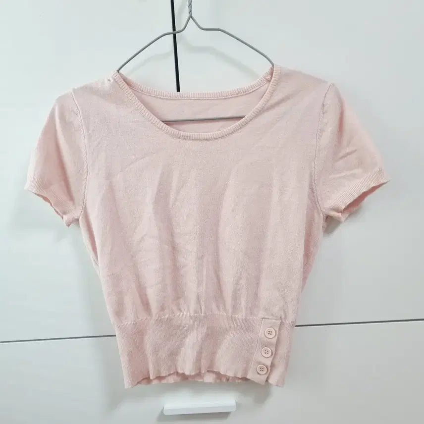 [BUNJANG] Lightweight Knit Short Sleeve Button Detail Top / 연핑크 반팔 단추 포인트 얇은 니트 s