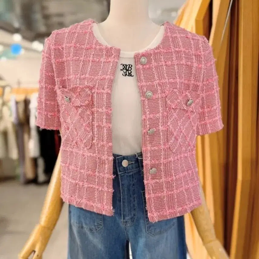 [BUNJANG] ABF.Z Pink Tweed Short Sleeve Jacket / ABF.Z 핑크 트위드 자켓