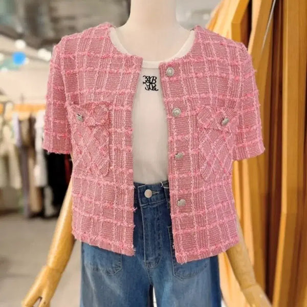 [BUNJANG] ABF.Z Pink Tweed Short Sleeve Jacket / ABF.Z 핑크 트위드 자켓