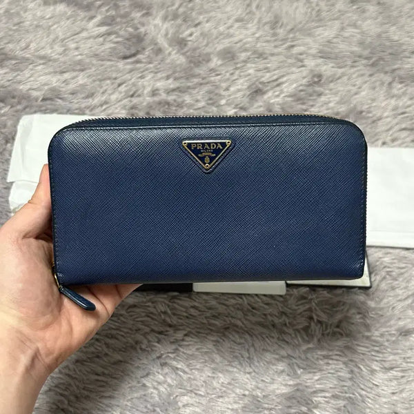 [BUNJANG] Prada Saffiano Triangle Logo Zip Around Long Wallet Navy / [정품 OS] 프라다 사피아노 삼각로고 지퍼돌이 장지갑 네이비