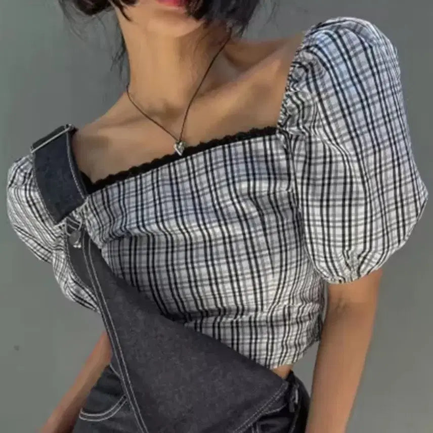 [BUNJANG] Puff Sleeve Checkered Blouse / ㅁ새상품ㅁ 퍼프소매 체크 블라우스
