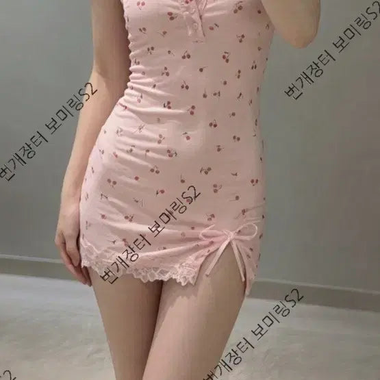 [BUNJANG] Cherry Pattern Lace Slip Dress Pink / 체리 패턴 레이스 원피스 핑크 슬립 중고 여성 속옷