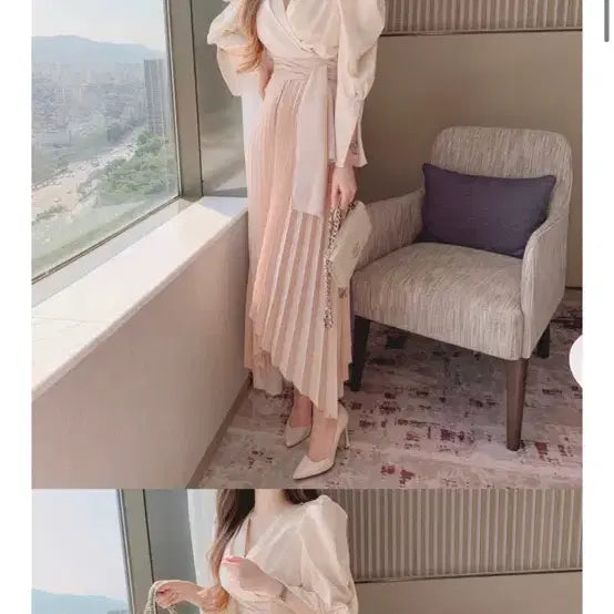 [BUNJANG] Premium Satin Pleated Asymmetrical Long Dress / premium 새틴 플리츠 언발 롱 원피스