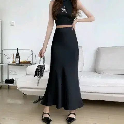 [BUNJANG] Black Satin Long Skirt / 블랙 새틴 롱 스커트 새상품