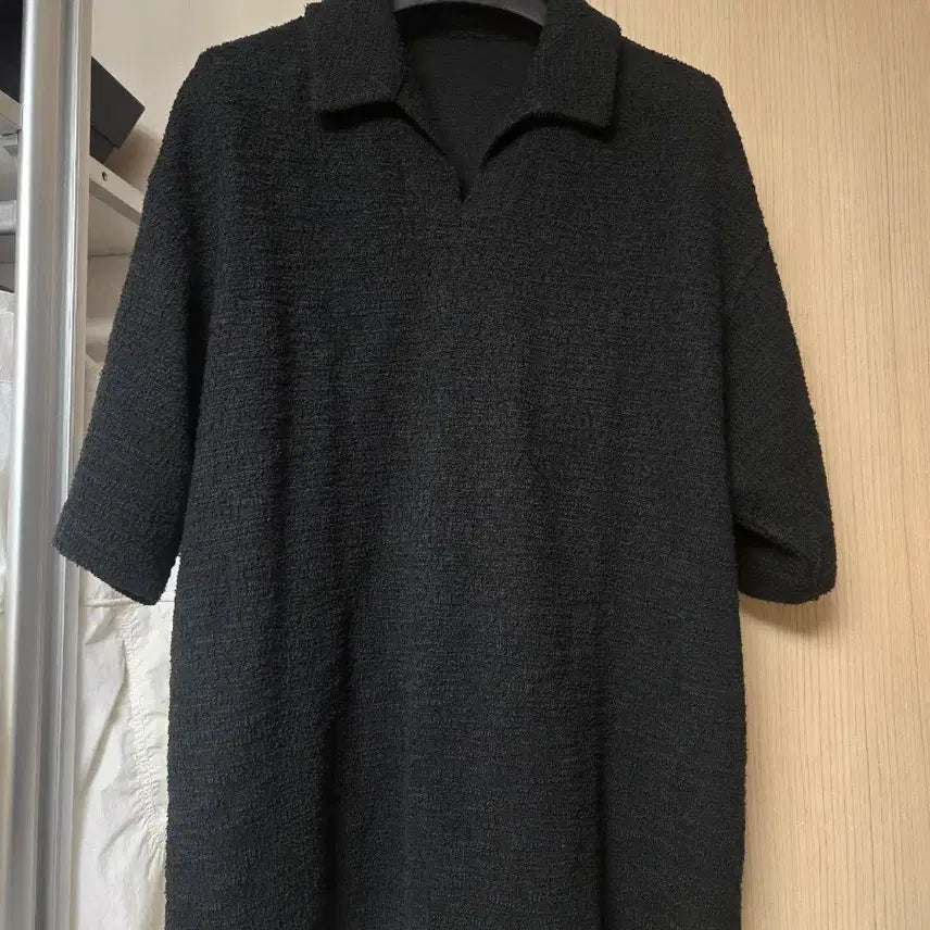 [BUNJANG] Jill Stuart New York Black Textured Tweed Open Collar Short Sleeve T-Shirt (M) / (M)질스튜어트 뉴욕 블랙 텍스처 트위드 오픈카라 반팔 티셔츠