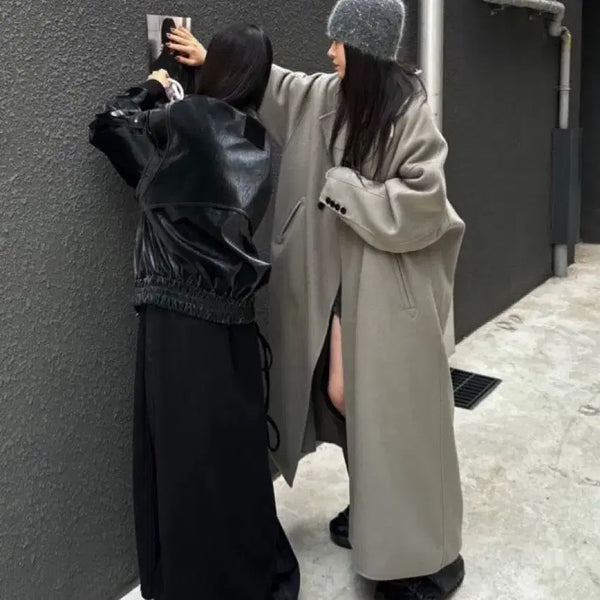 [BUNJANG] Trimingbird Handmade Wide Long Coat Khaki Gray / 트리밍버드 핸드메이드 와이드 롱코트 카키그레이