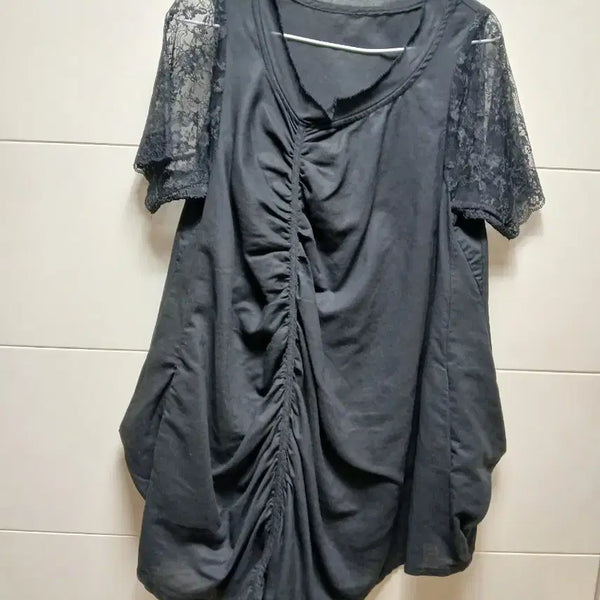 [BUNJANG] Black Lace Sleeve Shirring Dress Size 66 / 검정색 레이스 소매 셔링 원피스66