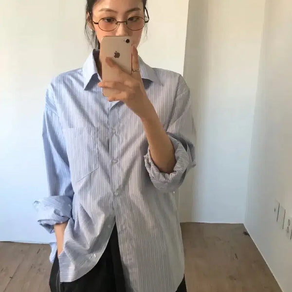 [BUNJANG] DEGEE Essential Stripe Shirt Sky Blue / 더기 에센셜 스트라이프 셔츠 스카이블루