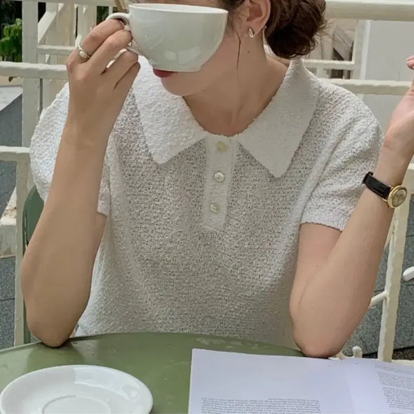 [BUNJANG] Women's Summer See-Through Collar Short-Sleeve Knit Puff Sleeve / 여성 여름 시스루 카라 반팔니트 퍼프소매