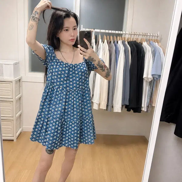 [BUNJANG] Zara Embroidered Puff Mini Dress XS / 자라 데님 플라워 자수 퍼프 미니원피스 XS
