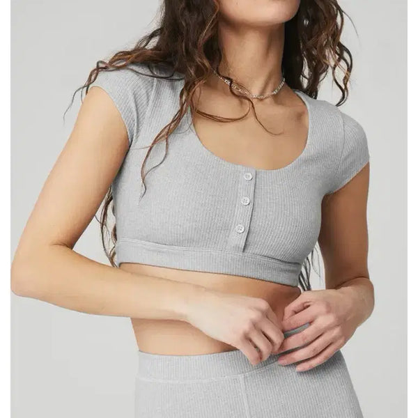 [BUNJANG] Alo Yoga Athletic Heather Grey Short Sleeve Crop Knit Top / Alo yoga 애슬레틱 헤더 그레이 반팔 크롭 니트