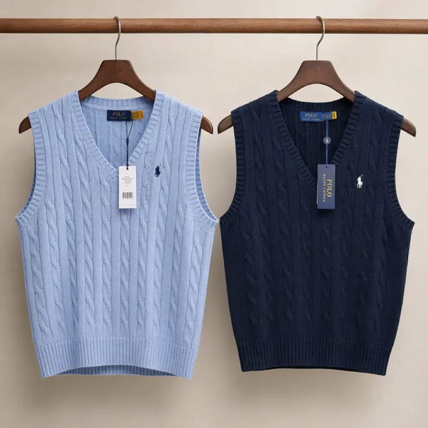 [BUNJANG] Polo Ralph Lauren Cable Knit Vest (Light Blue/Black) / 폴로 랄프로렌 케이블 니트 조끼 소라색/블랙 꽈배기 니트 조끼