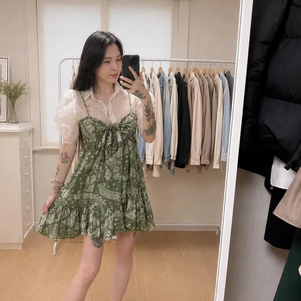 [BUNJANG] Stylenanda Khaki Paisley Linen Strap Mini Dress / 스타일난다 카키 페이즐리 린넨 끈 미니 원피스 F