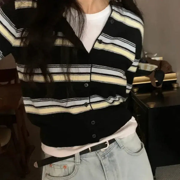 [BUNJANG] Mondrian Color Block Striped Round Neck Knit Cardigan / 몬드리안 배색 단가라 스트라이프 라운드 니트 가디건