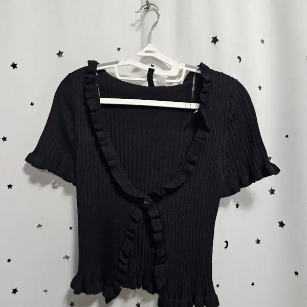 [BUNJANG] H&M Frilled Short Sleeve Cardigan Black S / h&m 프릴 반팔 가디건 블랙s