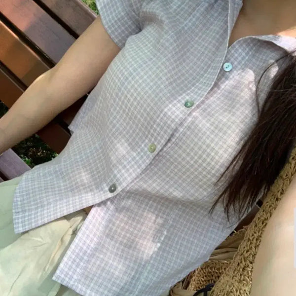 [BUNJANG] Oinii "Oneul" Summer Short Sleeve Shirt Purple Check Blouse / 오이니 공방 반팔 셔츠 연보라 체크 블라우스
