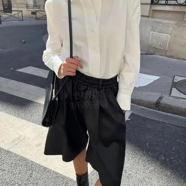 [BUNJANG] Dragon Blues Black Satin Bermuda Shorts - Size S / 새상품) 드래곤블루스 타프타 밴딩 쇼츠 블랙 S 실키 새틴 버뮤다 팬츠 검정 5부 핀턱 반바지