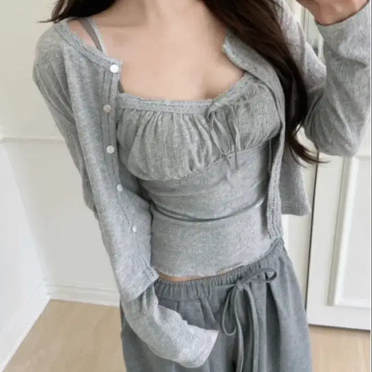 [BUNJANG] Dandelion Puff Sleeveless Top & Cardigan Set - Grey / Dandelion 퍼프 나시&가디건 SET 그레이 원가 26,700