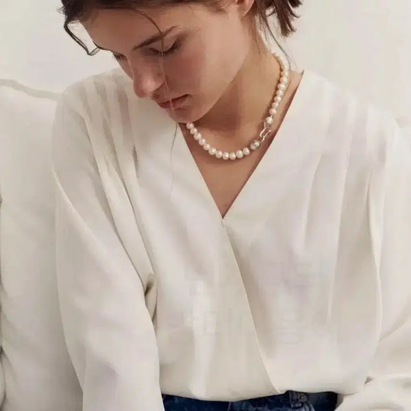 [BUNJANG] Lea Pintuck Drop Blouse - Cream, Collarless V-Neck / 르에 Lea 핀턱 드롭 블라우스 크림 노카라 브이넥 셔링 밴딩 하객룩