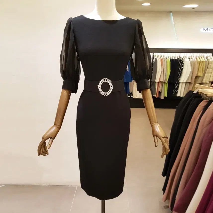 [BUNJANG] MOJO.S.PHINE Sheer Sleeve Round Neck Dress Black / 모조에스핀(MOJO.S.PHINE) 볼륨 시스루소매 라운드넥 원피스 55