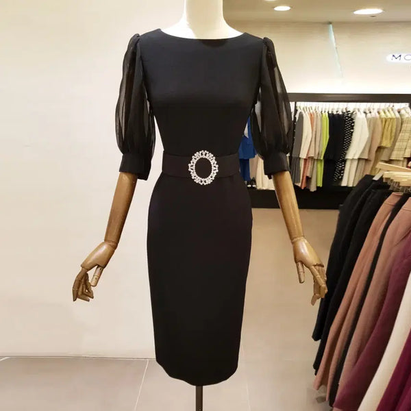 [BUNJANG] MOJO.S.PHINE Sheer Sleeve Round Neck Dress Black / 모조에스핀(MOJO.S.PHINE) 볼륨 시스루소매 라운드넥 원피스 55