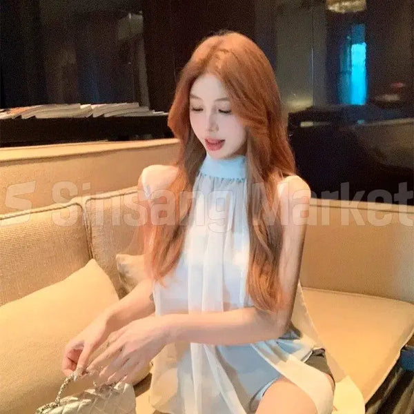 [BUNJANG] Chiffon Sleeveless Tie Blouse Set Camel / [빠른발송] 쉬폰 민소매 타이 블라우스 세트 섹시 하객룩 오피스룩