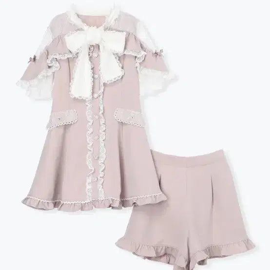 [BUNJANG] Noemie Lace Bow Tie Cape Frill Setup - Pink / 노에미 레이스 보우 타이 케이프 프릴 셋업 핑크 지뢰계 양산형